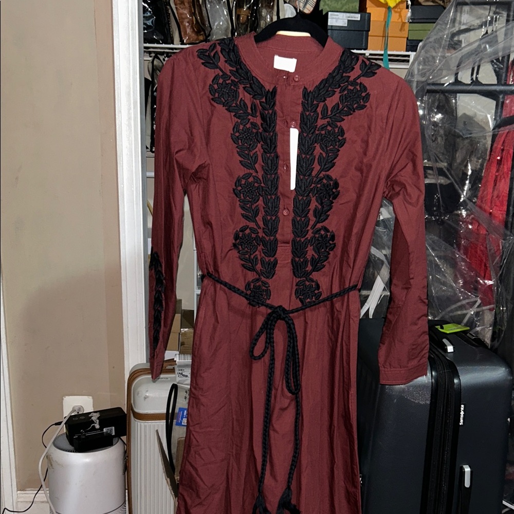 Chic Maroon and Black Embroidered Long Sleeve Dress